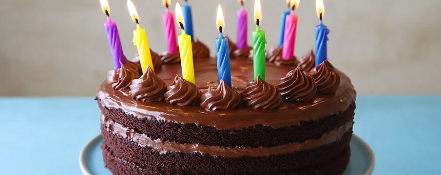 A vibrant chocolate fudge cake topped with colorful birthday candles isolated on a light blue background