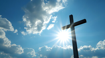 Poster - Silhouette of Christian Cross with Bright Sky and Sunlight Behind : Generative AI
