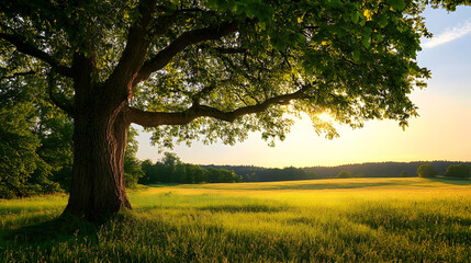 Poster - Expansive Oak Tree in Sunlit Meadow Capturing Nature's Beauty and Solitude : Generative AI