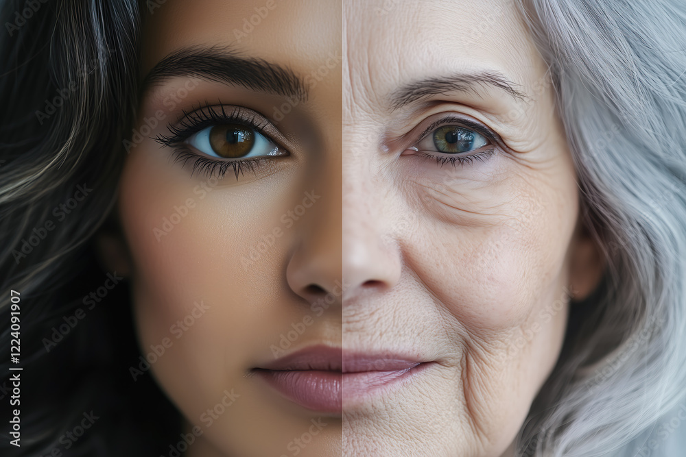 A portrait split a woman showing old and youth age. Two parts of the ...