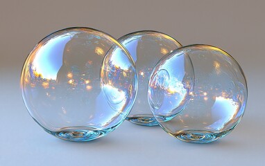 Aufkleber - Three iridescent soap bubbles on a gray background.