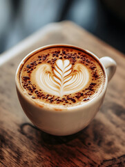 Aufkleber - Artistic Latte with Leaf Pattern in Rustic Coffee Shop Setting : Generative AI