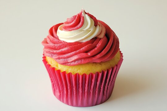 A vibrant red cupcake topped with swirls of white cream isolated on a clean white background