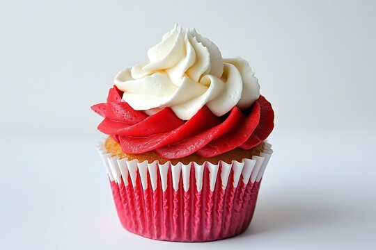 A vibrant red cupcake topped with swirls of white cream isolated on a clean white background