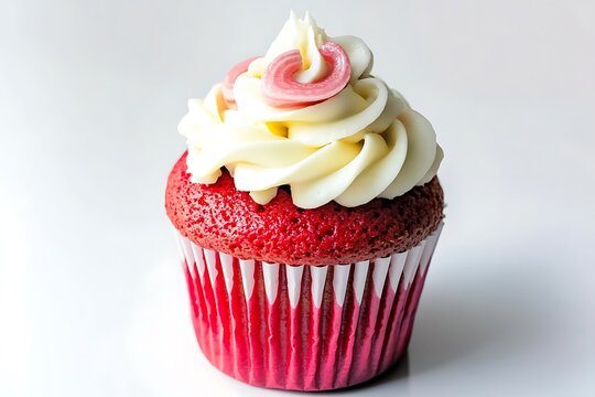 A vibrant red cupcake topped with swirls of white cream isolated on a clean white background
