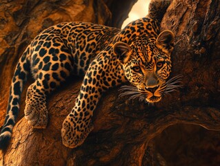 Wall Mural - a leopard is resting on a tree branch. concept of calm and relaxation, as the leopard is peacefully 