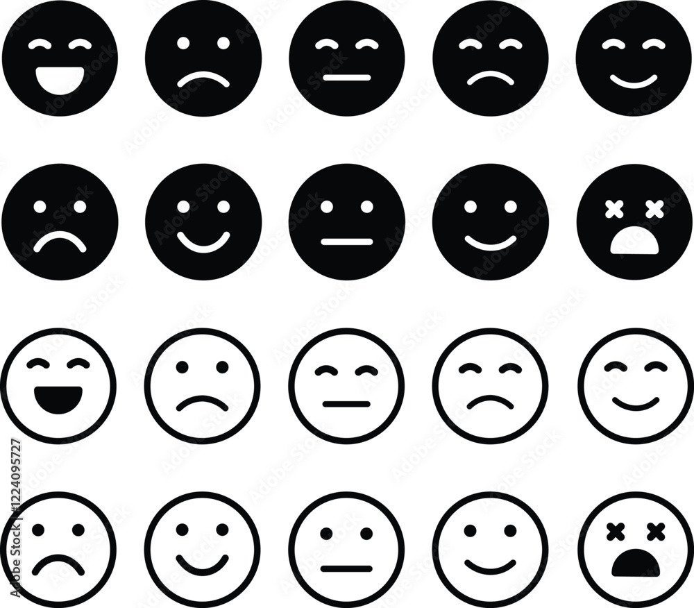 Emotion Icon in flat line Set. Emoji icon containing happy emotion, sad ...