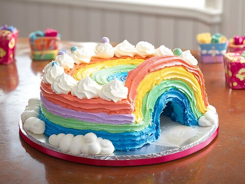 A whimsical birthday cake shaped like a rainbow with layers of bright colors and clouds of whipped cream placed on a festive table