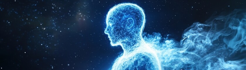 Wall Mural - Cosmic Awakening: An ethereal figure, emanating an aura of energy, seemingly composed of stardust and light, against a backdrop of an expansive, star-filled galaxy.