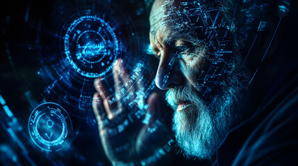 Aufkleber - Elderly man contemplating futuristic digital technology interface : Generative AI
