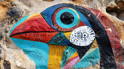 Poster - Vibrant street art mural of a colorful bird on rocky wall depicting creativity and urban art expression : Generative AI