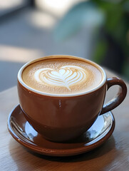Aufkleber - Latte with Heart Shaped Foam Art in Brown Cup on Wooden Table : Generative AI