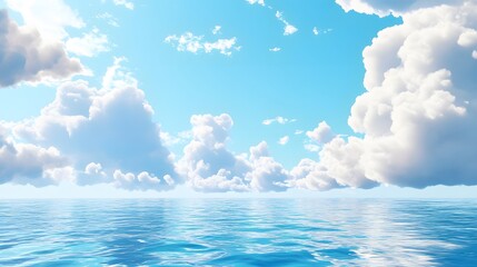 Naklejka na meble Serene ocean view, bright blue sky with fluffy clouds reflecting on calm water, perfect for relaxation and inspiration.