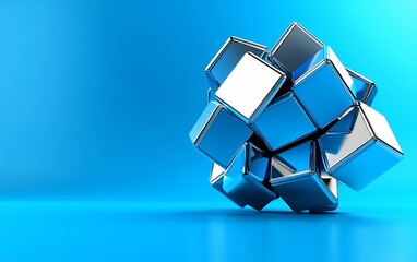 Poster - Abstract metallic blue and silver cubes cluster on blue background.