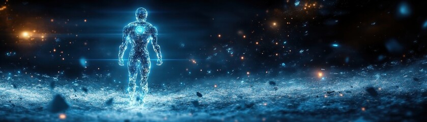 Wall Mural - Enigmatic Luminescence: A luminous, ethereal figure radiates against a cosmic backdrop, evoking a sense of mystery, wonder, and the infinite possibilities of the universe.