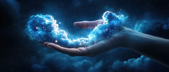 Wall Mural - Celestial Embrace: A hand tenderly cradles a luminous cloud, hinting at the ethereal dance between the tangible and the mystical, under the night sky.