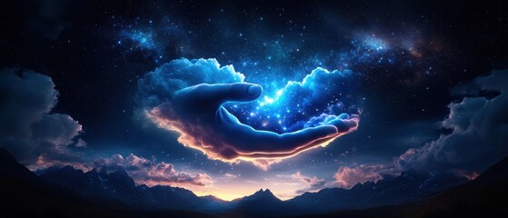 Wall Mural - Cosmic Embrace: A celestial hand cradles the vast expanse of the night sky, brimming with twinkling stars, swirling nebulas, and ethereal clouds.