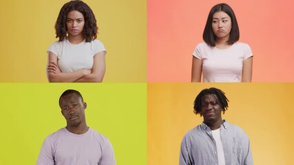 Poster - Four individuals from diverse backgrounds portray distinct emotions against vibrant backgrounds. Each person displays a unique gesture, showcasing multiracial representation and connection.