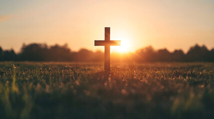Poster - Wooden Cross in Field with Glowing Sunset Horizon : Generative AI