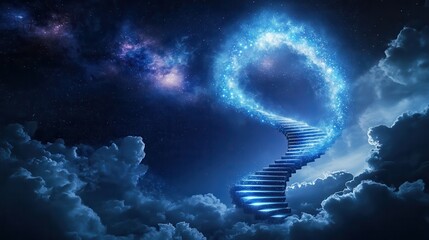 Wall Mural - Stairway to the Cosmos: An artistic interpretation depicts a stairway ascending through swirling nebulas and clouds, symbolizing a journey into the unknown or a pathway to higher consciousness.
