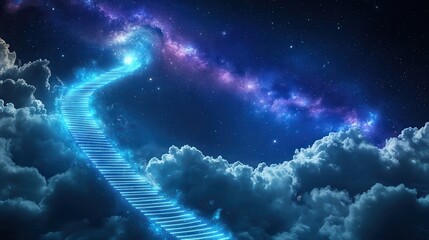 Wall Mural - Celestial Ascent: An ethereal staircase ascends through a celestial panorama, leading towards a starlit galaxy, invoking a sense of wonder and cosmic exploration.