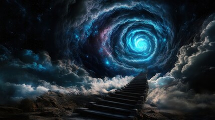 Wall Mural - Stairway to Cosmic Azure: Ascend into the ethereal realm, where a celestial staircase guides us through a swirling vortex of luminous nebulae and stardust.