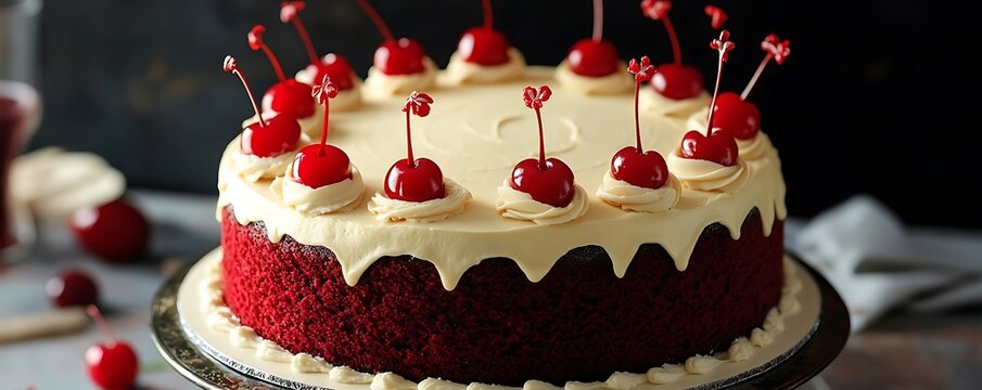 An elegant red velvet birthday cake with cream cheese frosting and decorative cherries