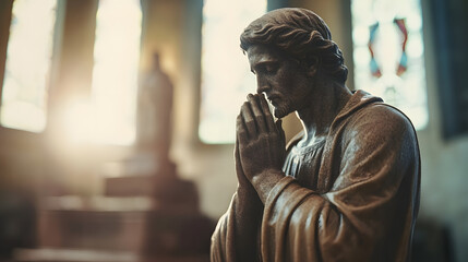 Aufkleber - Serene Church Interior with Sunlit Statue in Deep Contemplation : Generative AI