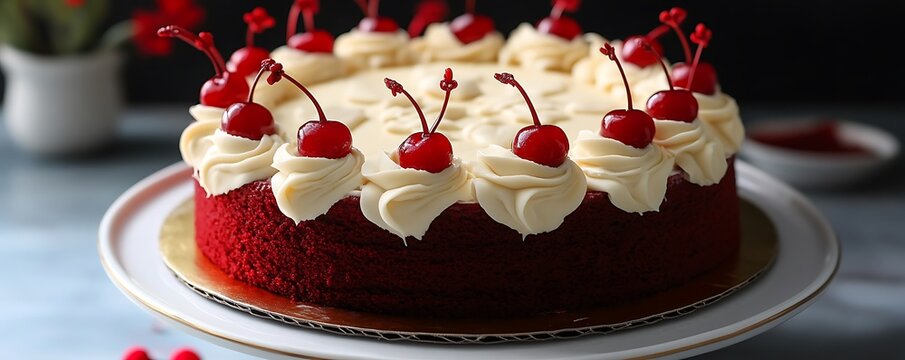 An elegant red velvet birthday cake with cream cheese frosting and decorative cherries