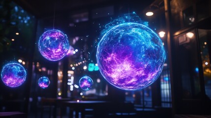 Wall Mural - Illuminated Spheres: Abstract glowing spheres hang in a cafe setting, their surfaces shimmering with celestial light, create an ethereal and modern ambiance. 
