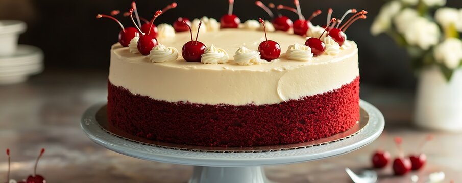 An elegant red velvet birthday cake with cream cheese frosting and decorative cherries