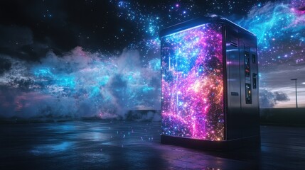 Wall Mural - Cosmic Cube Gateway: An open portal with radiant cosmos filling the interior. Surrounded by a surreal atmosphere of a coastal environment.