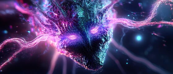 Wall Mural - Celestial Dragon's Gaze: A mesmerizing digital artwork of a mystical dragon's head, radiating cosmic energy and intricate details against a backdrop of nebulae, galaxies, and stars.