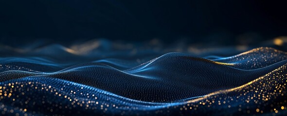 Wall Mural - Abstract Digital Landscape:  Waves of Data, Golden Particles and Deep Blue Hues