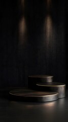 Fototapete - A podium with a dark matte finish, placed against a black background with soft, glowing accents in the distance