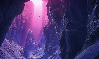 Poster - Pink Canyon Fantasy Landscape, Birds, Glow, Digital Art