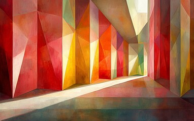 Poster - Abstract geometric hallway with colorful walls and light.