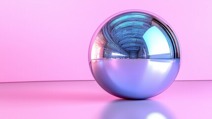 Poster - Reflective chrome sphere on pink background.
