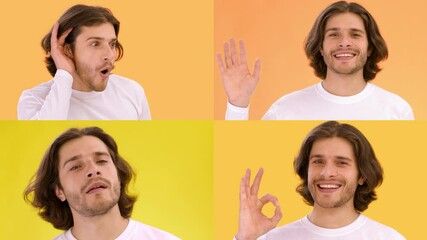 Poster - A man showcases various emotions through gestures, portraying surprise, joy, and curiosity. The bright, colorful backgrounds enhance the display of his expressive face.