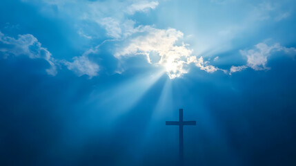 Poster - Sun Rays Through Clouds Over Cross Symbolizing Hope and Spirituality in Tranquil Sky : Generative AI