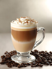 Aufkleber - Creamy Coffee with Cinnamon Topped Froth and Coffee Beans Scattered on Table : Generative AI