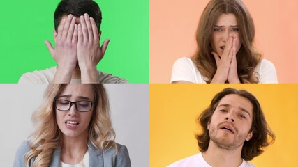 Poster - A collection of four individuals showcasing a range of emotions against bright, colorful backgrounds. Each person's expression reflects a unique feeling, creating a diverse and engaging set.
