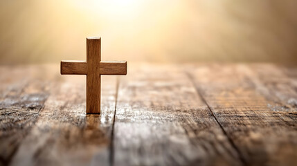 Poster - Rustic Wooden Cross on Aged Wooden Surface with Golden Sunlight in Serene Background : Generative AI