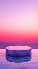 Fototapete - A podium on a reflective stone surface, with a soft purple and pink gradient in the background and ambient lighting from above