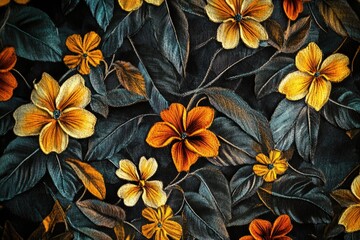 Wall Mural - a close up of a flowery pattern with yellow flowers and green leaves