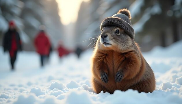 squirrel in snow with ice mountain background at groundhog day 