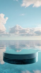 Wall Mural - a podium with an elegant glass finish, standing on a reflective, polished surface with a calming oce