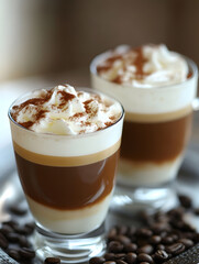 Aufkleber - Two Glasses of Creamy Cappuccino Topped with Whipped Cream and Cocoa : Generative AI