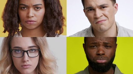 Poster - Four individuals display distinct emotions against bright backgrounds. Each expression reflects unique feelings, showcasing diversity.