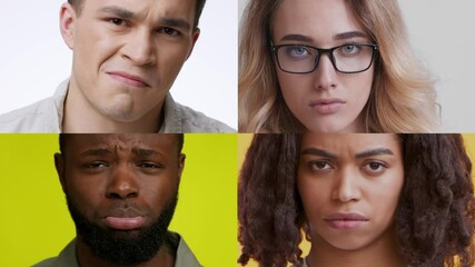 Poster - Four individuals display a range of emotions through their expressions. This diverse collection features varied gestures and showcases the complexity of human feelings in an isolated format.